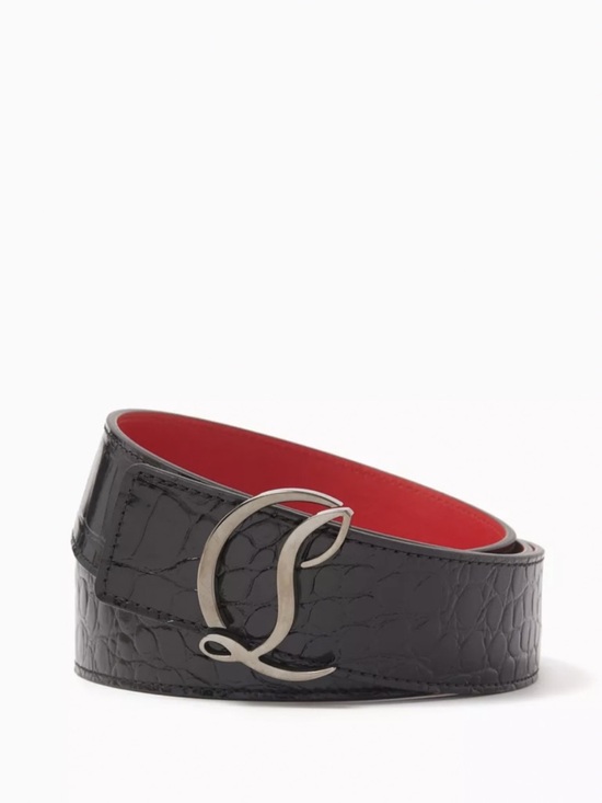 Christian Louboutin Black Croc-Embossed Leather Belt with Red Interior main image 8